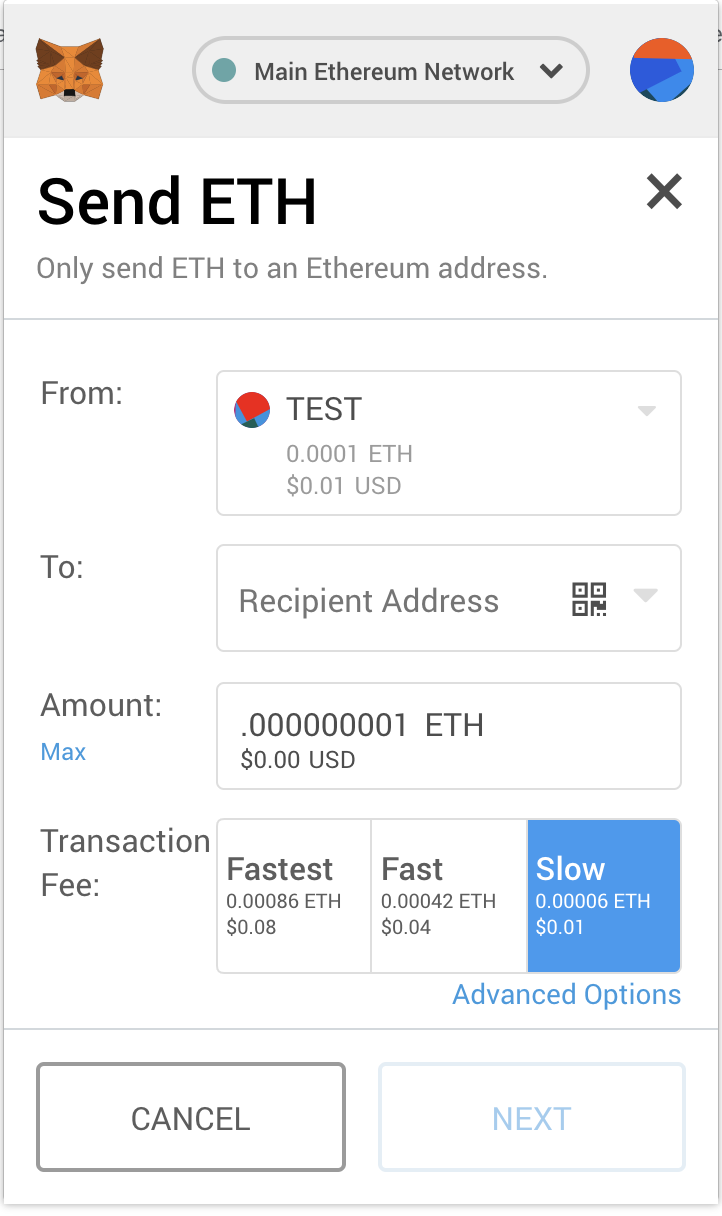 Basic send transactions screen in Metamask